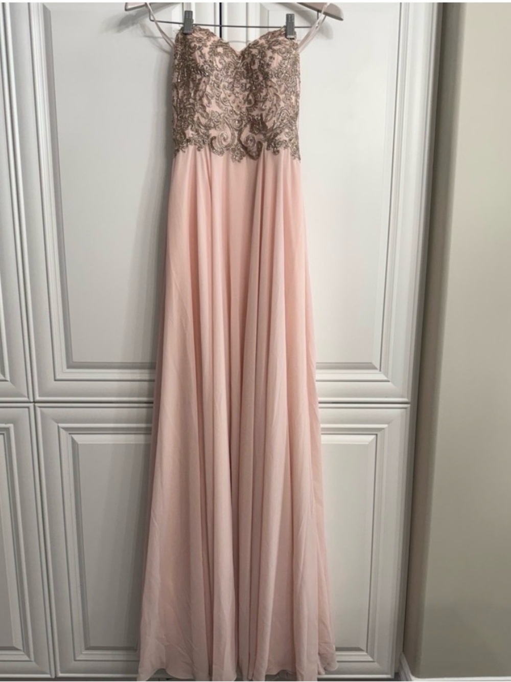 NWT Size 4 Strapless Chiffon Prom Gown Gold Embroidery Rhinestones Lace Up Back